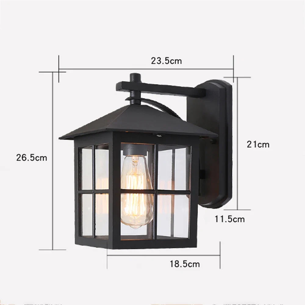 Camden Outdoor Wall Lantern – Vintage E27 Wall Sconce, Black Metal & Glass