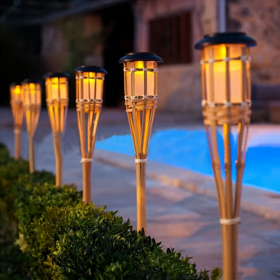 Solar Bamboo Flame Torch Lights (2 Pack) – Flickering LED Garden Lanterns, 59cm