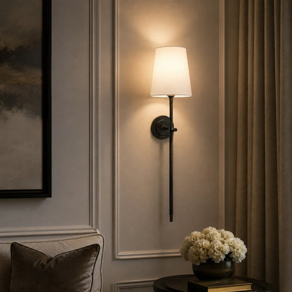 Brass Wall Sconce | Tapered Fabric Shade Indoor LED Light