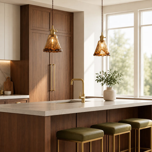 Vintage Brass Pendant Light | Amber Glass Shade Fixture