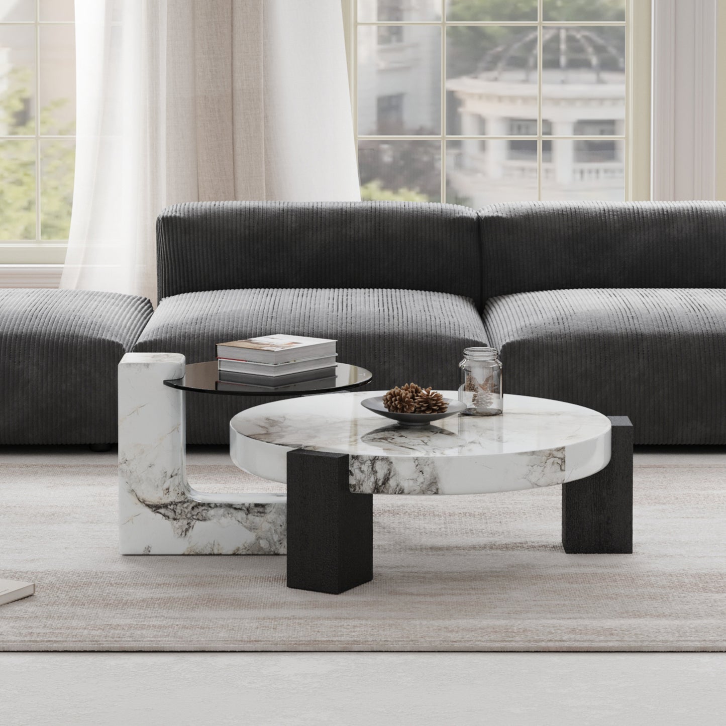 Lena 2-Piece Round Circular Marble and Glass Coffee Table