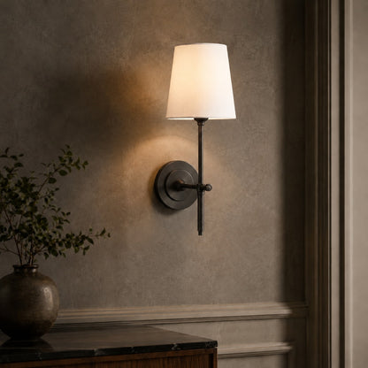 Brass Wall Sconce | Tapered Fabric Shade Indoor LED Light