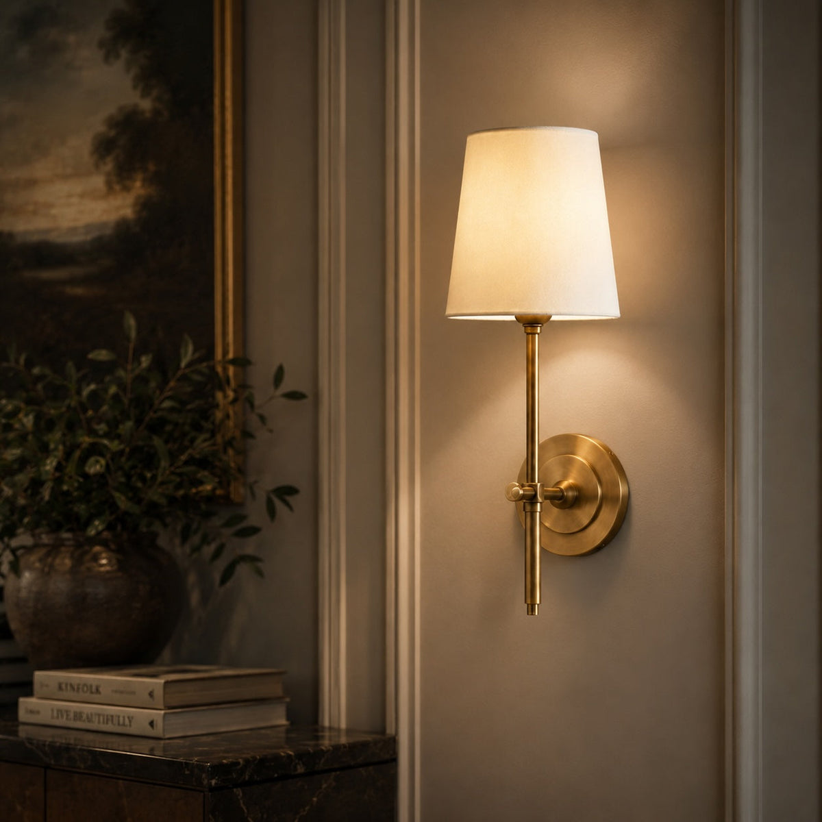 Brass Wall Sconce | Tapered Fabric Shade Indoor LED Light
