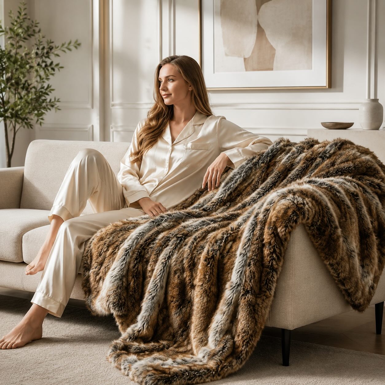 Plush Faux Fur Throw Blanket – Decorative Cozy Bedding Accent