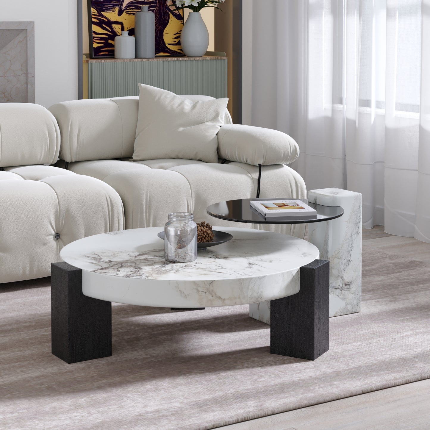 Lena 2-Piece Round Circular Marble and Glass Coffee Table