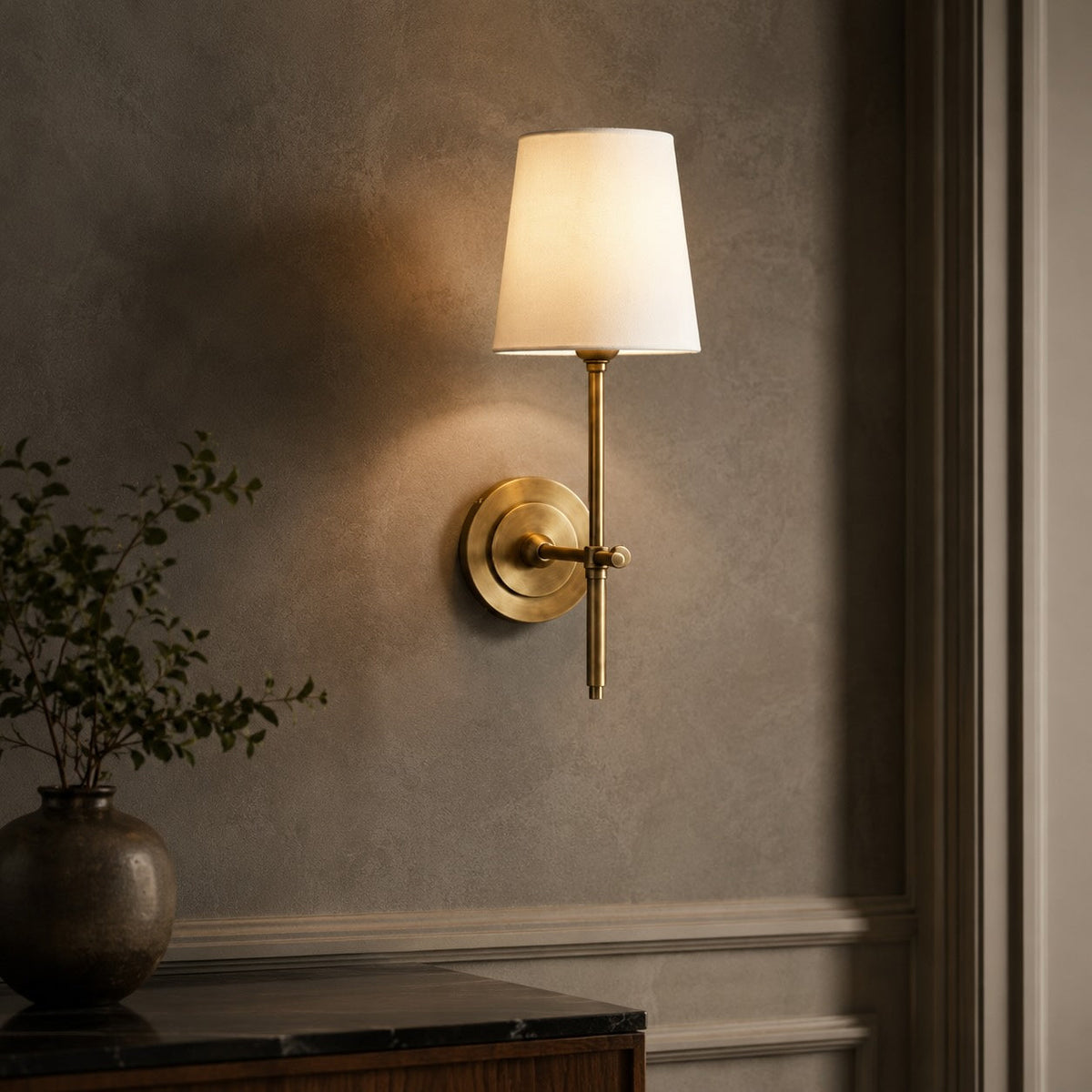 Brass Wall Sconce | Tapered Fabric Shade Indoor LED Light