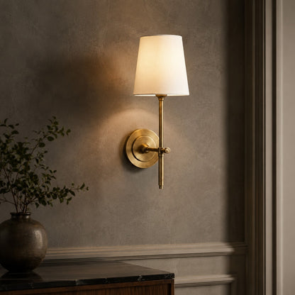 Brass Wall Sconce | Tapered Fabric Shade Indoor LED Light