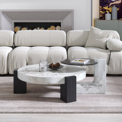 Lena 2-Piece Round Circular Marble and Glass Coffee Table