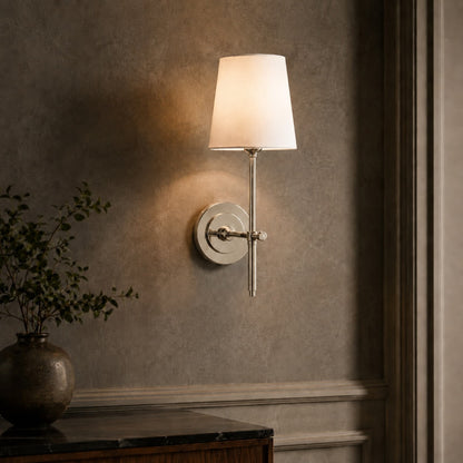 Brass Wall Sconce | Tapered Fabric Shade Indoor LED Light