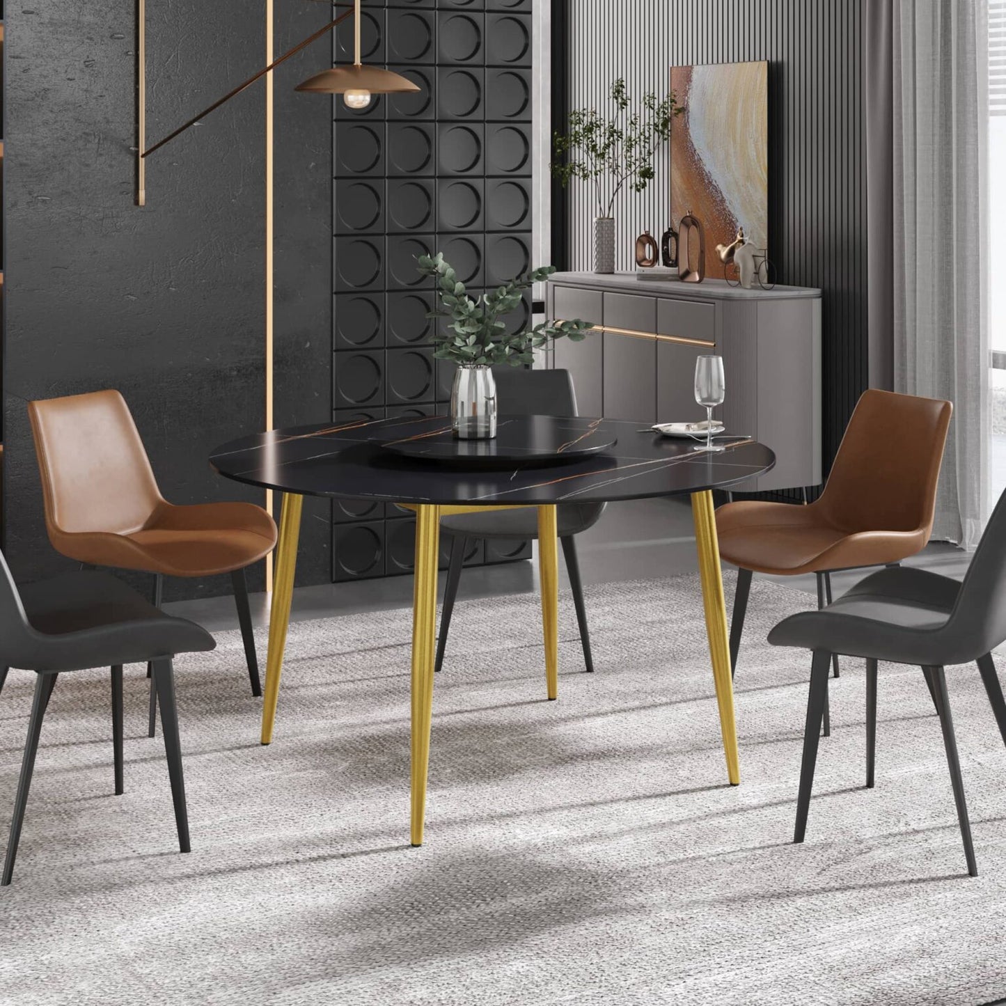 Demi Black Round Dining Table with Lazy Susan