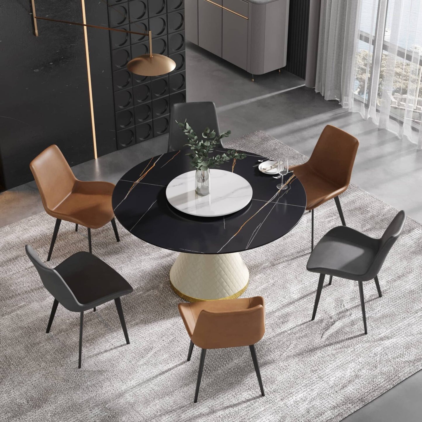 Kori Black&White Round Dining Table with Lazy Susan