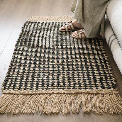 Chunky Woven Jute Rug – Reversible Double-Sided Fringe Rug for Bedroom and Entryway