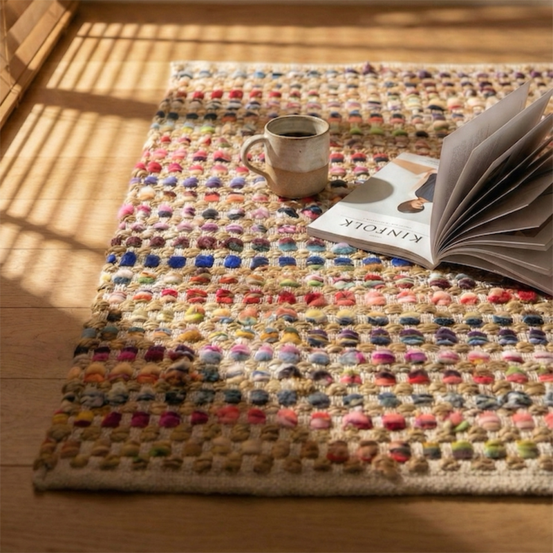 Handwoven Jute Cotton Area Rug – Reversible Multicolor Textured Weave