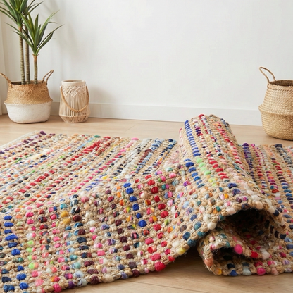 Handwoven Jute Cotton Area Rug – Reversible Multicolor Textured Weave