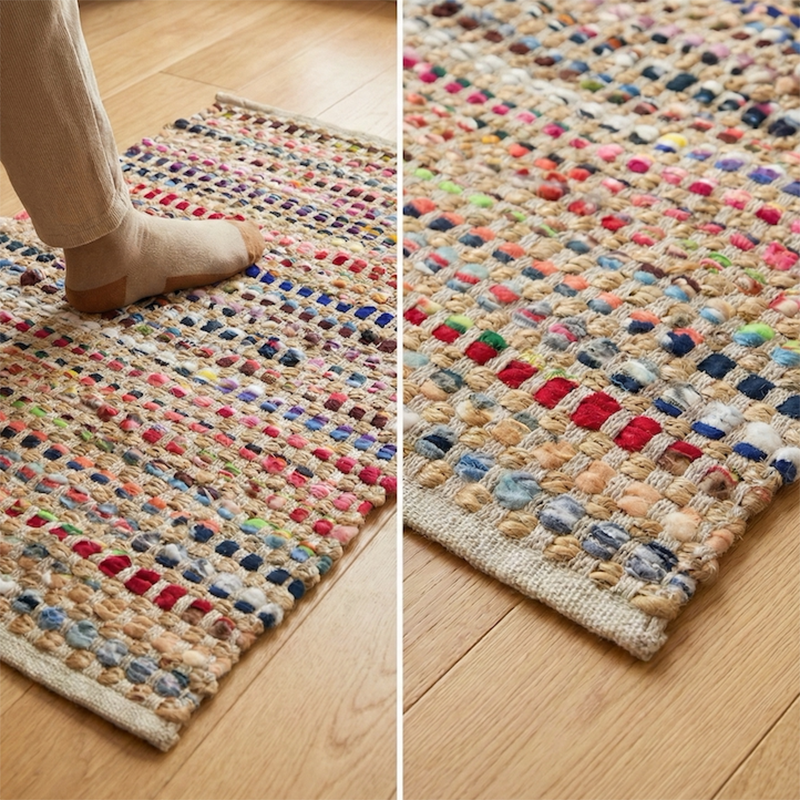Handwoven Jute Cotton Area Rug – Reversible Multicolor Textured Weave