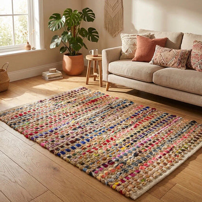 Handwoven Jute Cotton Area Rug – Reversible Multicolor Textured Weave