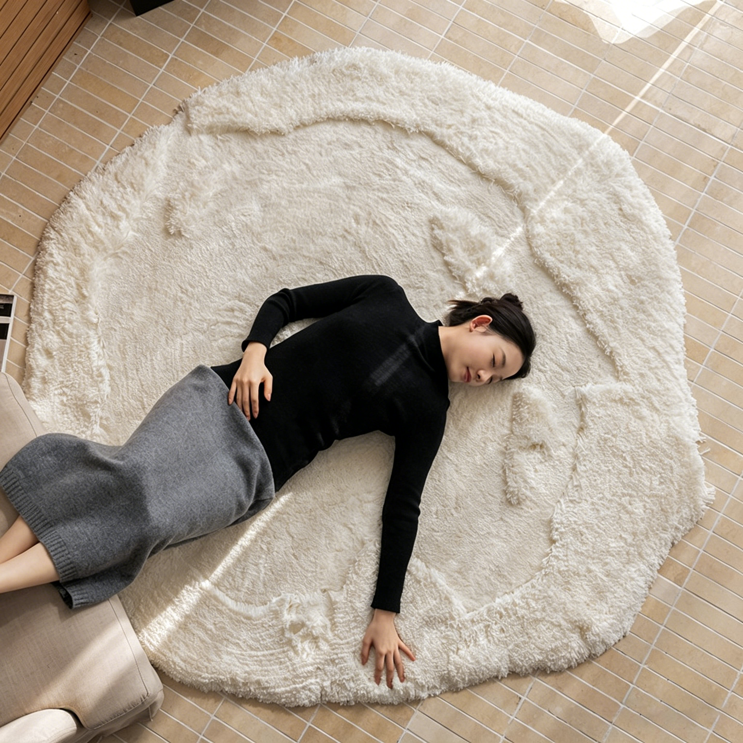 Nordic Irregular Round Area Rug – Cotton Linen and Polyester Plush Carpet