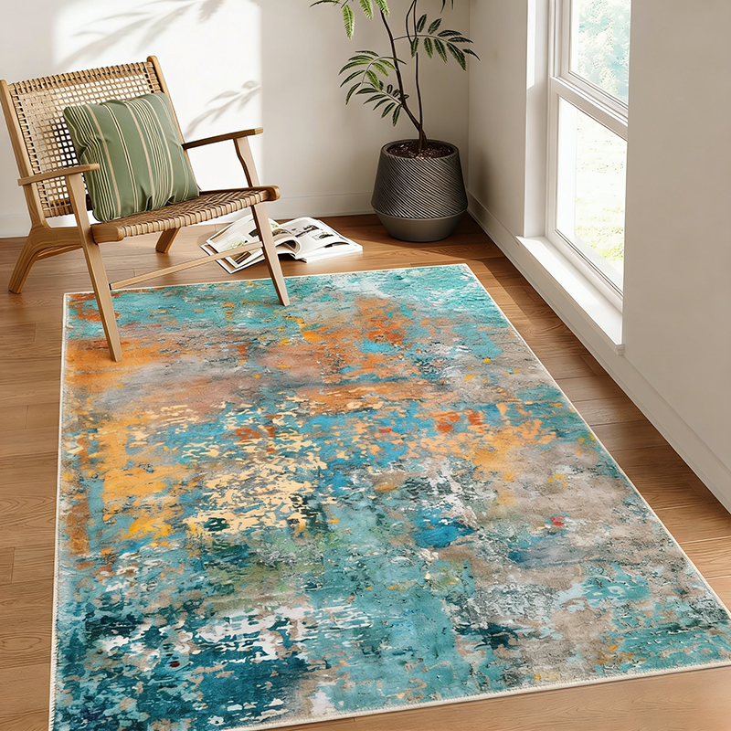 Abstract Faux Cashmere Area Rug – Multi-Color Washable Non-Slip Rug for Living Room