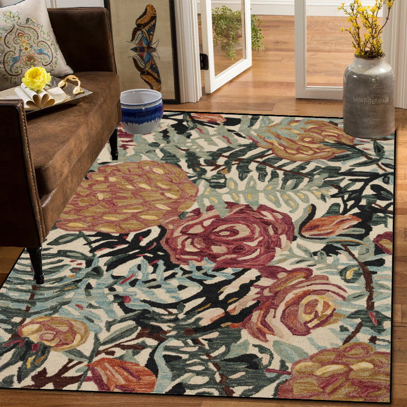 Vintage Floral Velvet Area Rug – Machine Washable Non-Slip Rug for Living Room