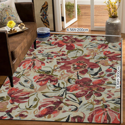 Vintage Floral Velvet Area Rug – Machine Washable Non-Slip Rug for Living Room