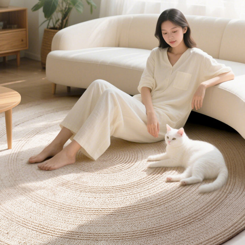 Zen Earth Handwoven Wool Jute Round Rug – Japandi Textured Weave for Living Room