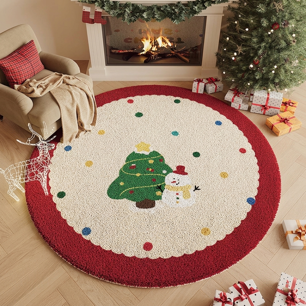 Yuletide Bloom Christmas Round Rug – Faux Cashmere Holiday Area Rug
