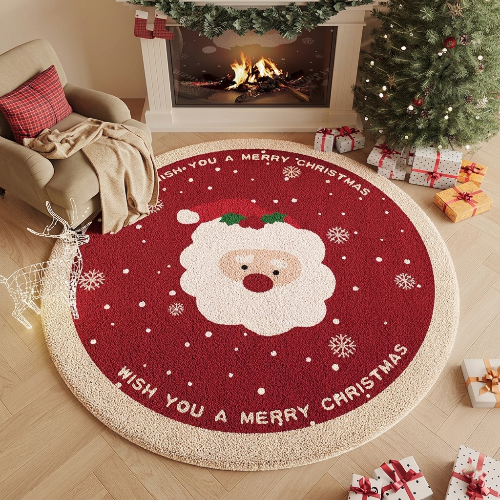 Yuletide Bloom Christmas Round Rug – Faux Cashmere Holiday Area Rug
