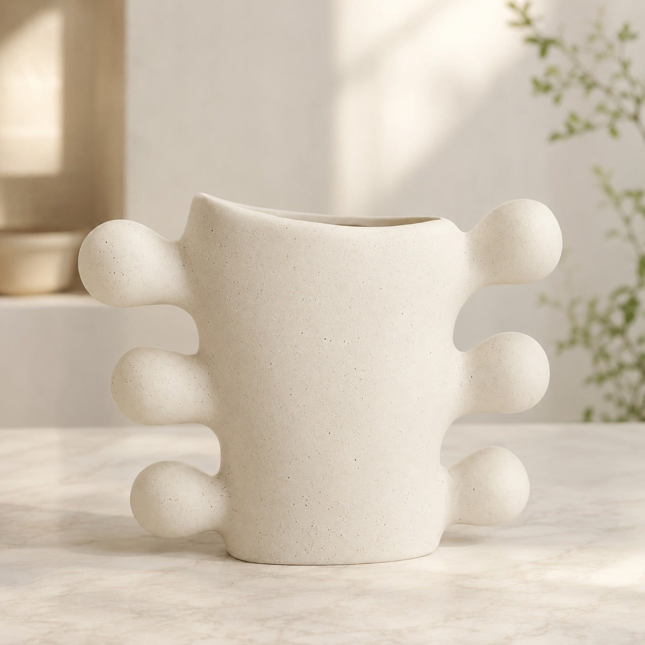 Sculpted Ceramic Vase – Cream White Cylindrical Base Decorative Vase