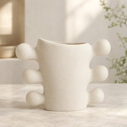 Sculpted Ceramic Vase – Cream White Cylindrical Base Decorative Vase