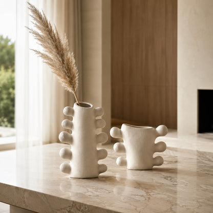 Sculpted Ceramic Vase – Cream White Cylindrical Base Decorative Vase
