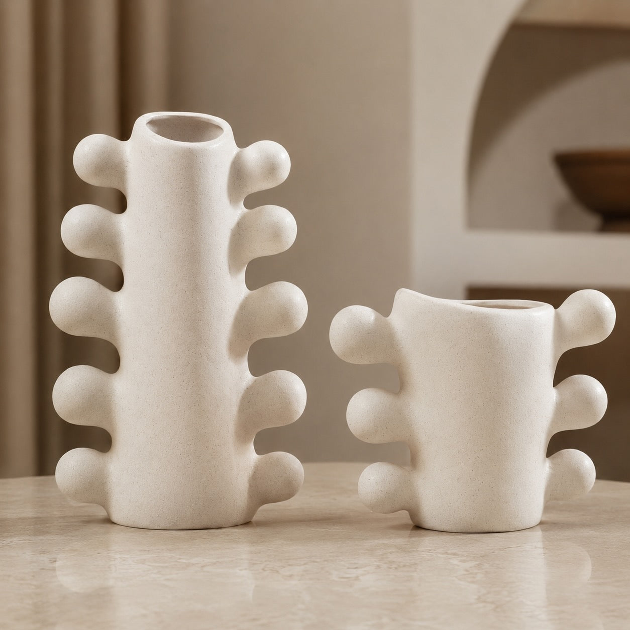 Sculpted Ceramic Vase – Cream White Cylindrical Base Decorative Vase