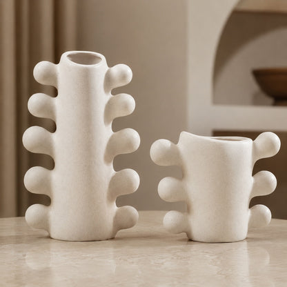 Sculpted Ceramic Vase – Cream White Cylindrical Base Decorative Vase