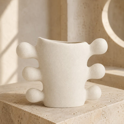 Sculpted Ceramic Vase – Cream White Cylindrical Base Decorative Vase