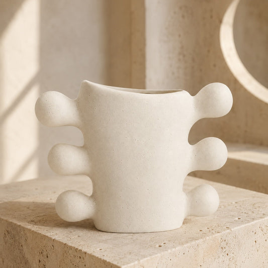 Sculpted Ceramic Vase – Cream White Cylindrical Base Decorative Vase