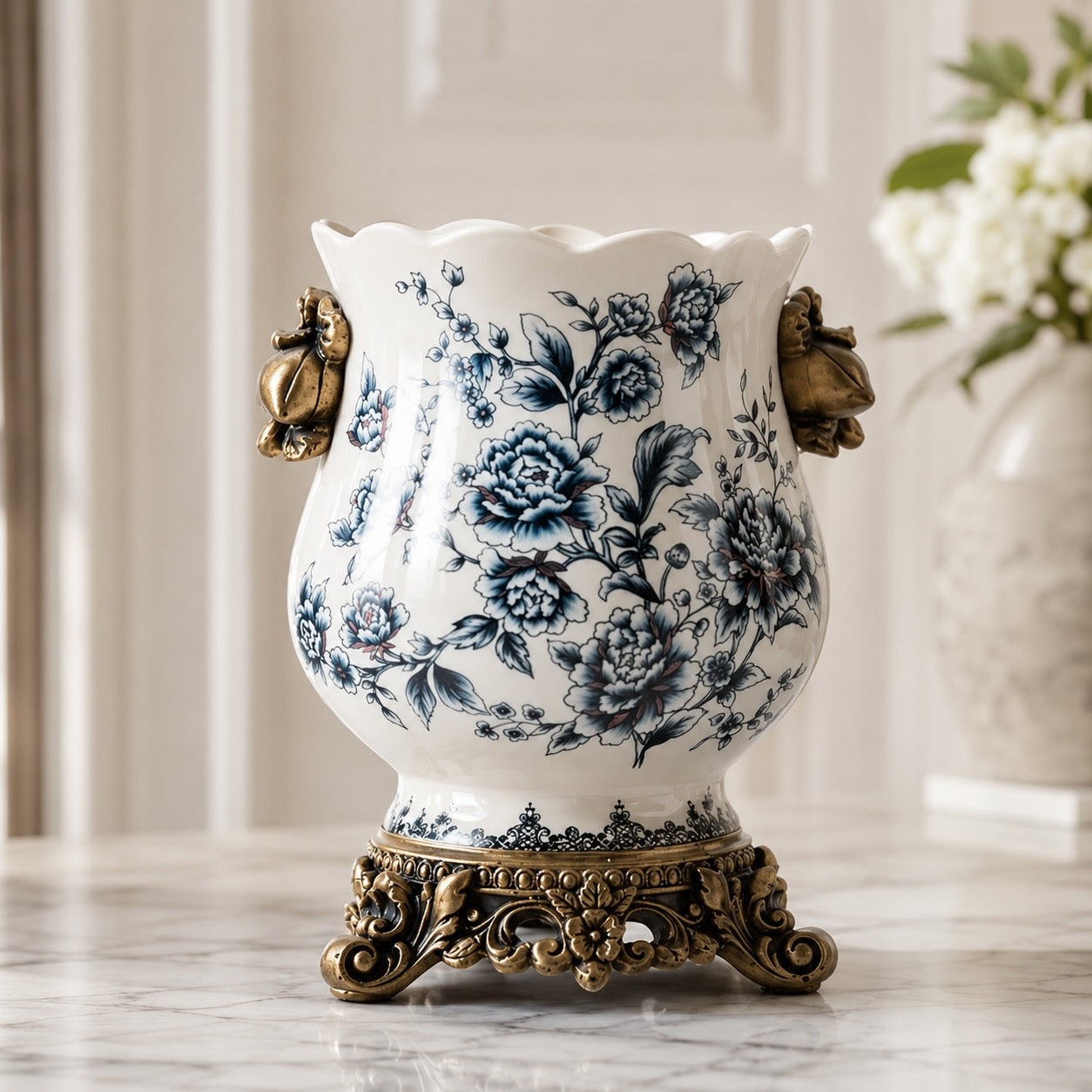 Large White Porcelain Vase – Scalloped Rim Decorative Flower Vase