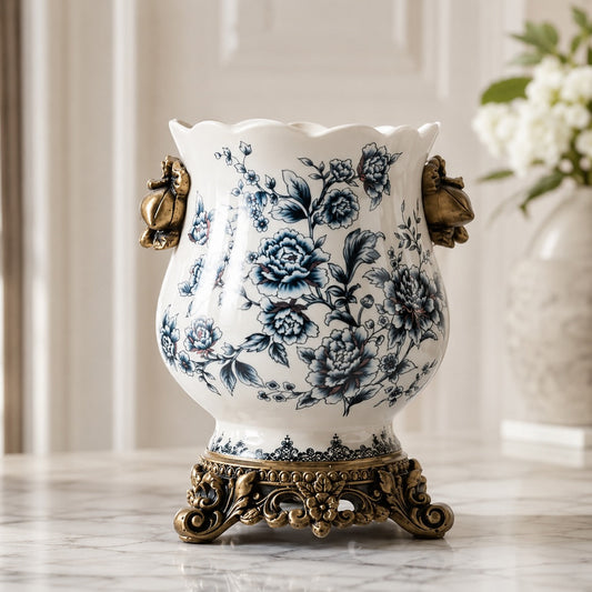 Large White Porcelain Vase – Scalloped Rim Decorative Flower Vase
