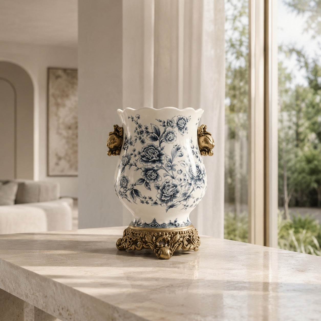 Large White Porcelain Vase – Scalloped Rim Decorative Flower Vase