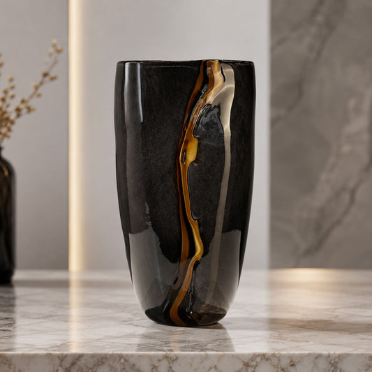 Black Handblown Glass Vase – Large Sculptural Decorative Vessel