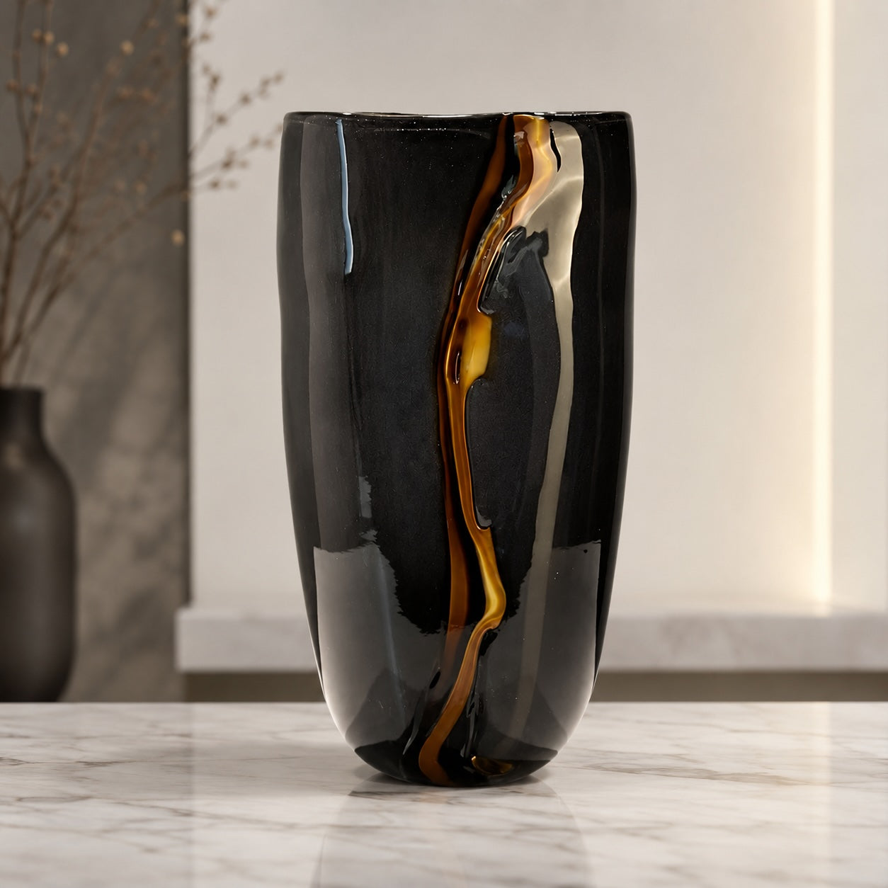 Black Handblown Glass Vase – Large Sculptural Decorative Vessel