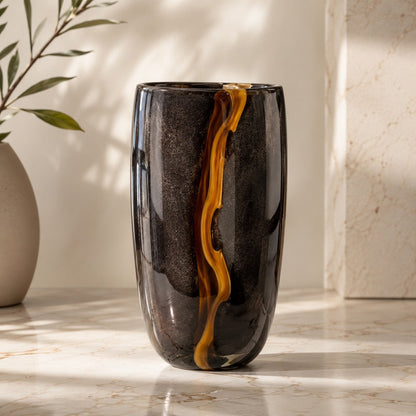 Black Handblown Glass Vase – Large Sculptural Decorative Vessel