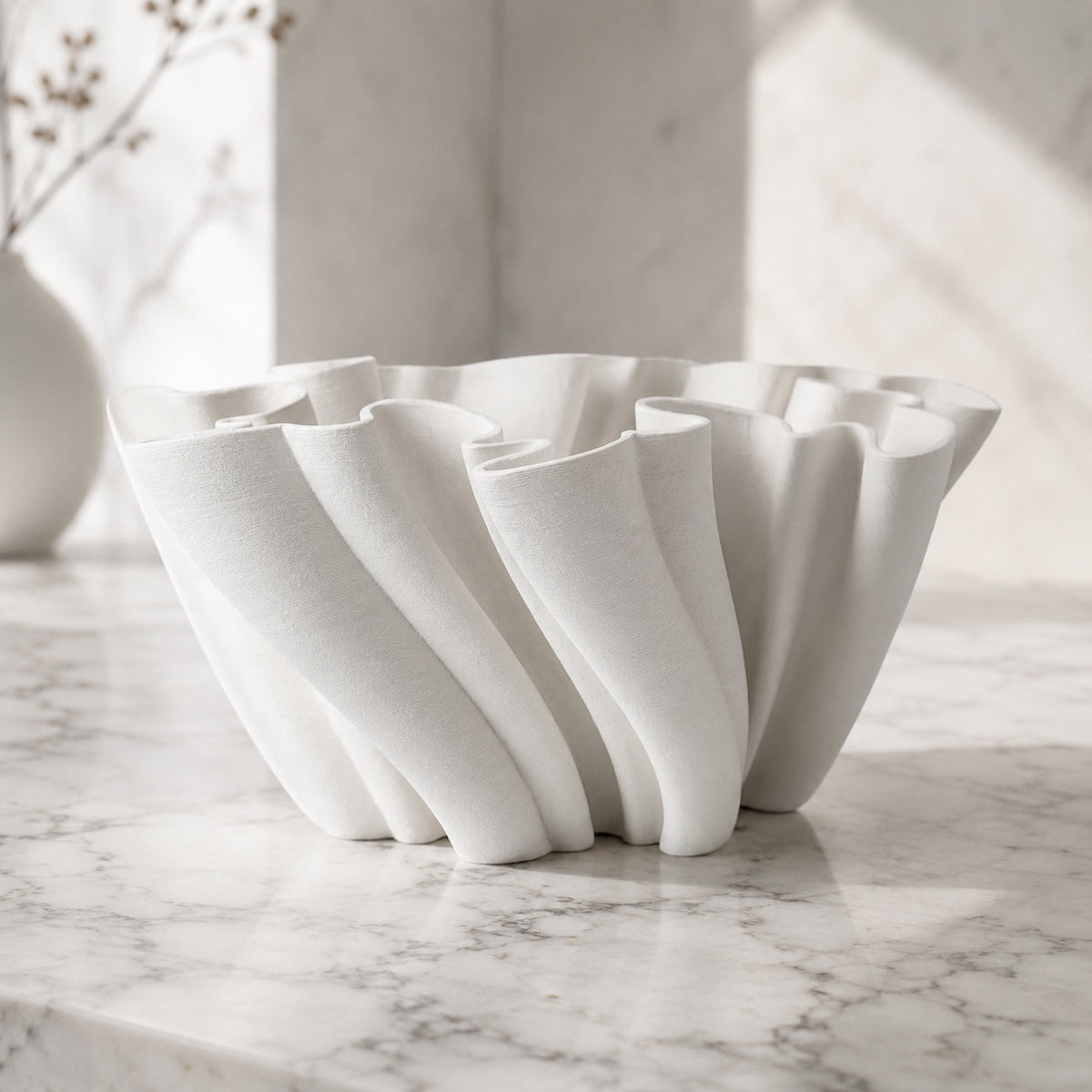 White Ceramic Wave Vase – 13" Handcrafted Sculptural Vase