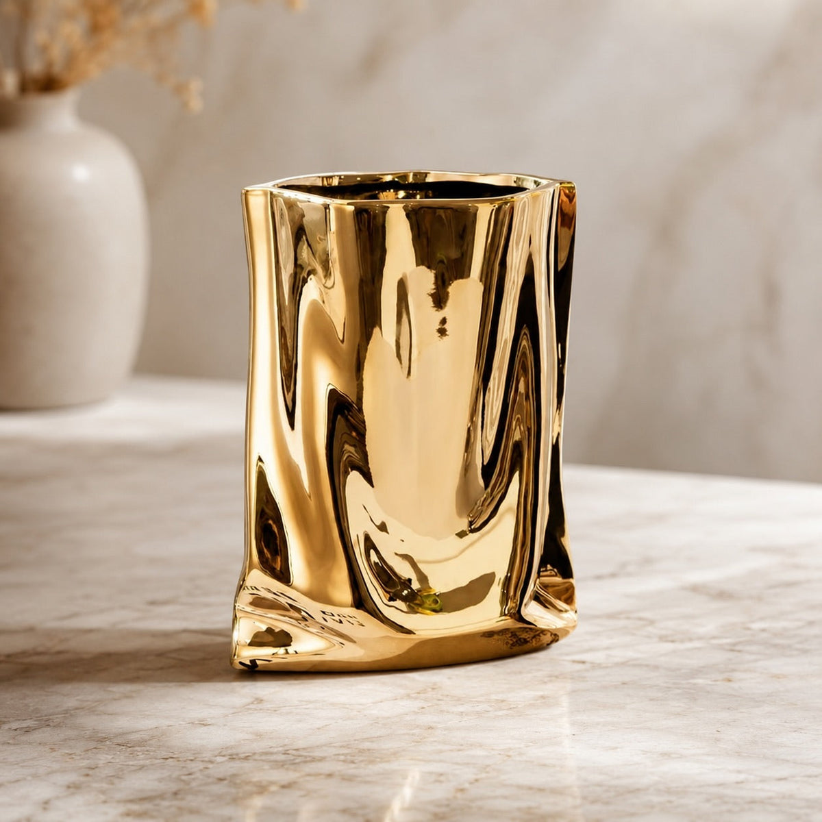 Paper Bag Ceramic Vase – 23.5cm Modern Crumpled Design Vase