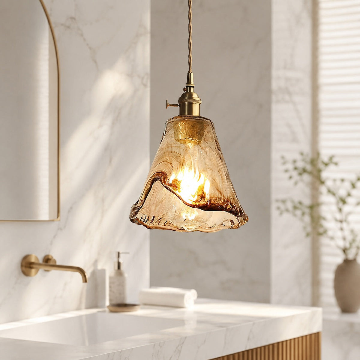 Vintage Brass Pendant Lamp | Amber Glass Hanging Shade