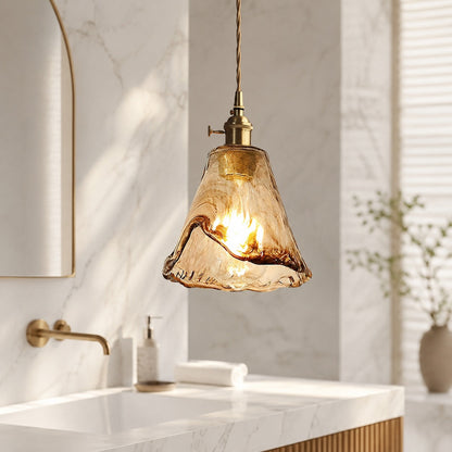 Vintage Brass Pendant Lamp | Amber Glass Hanging Shade
