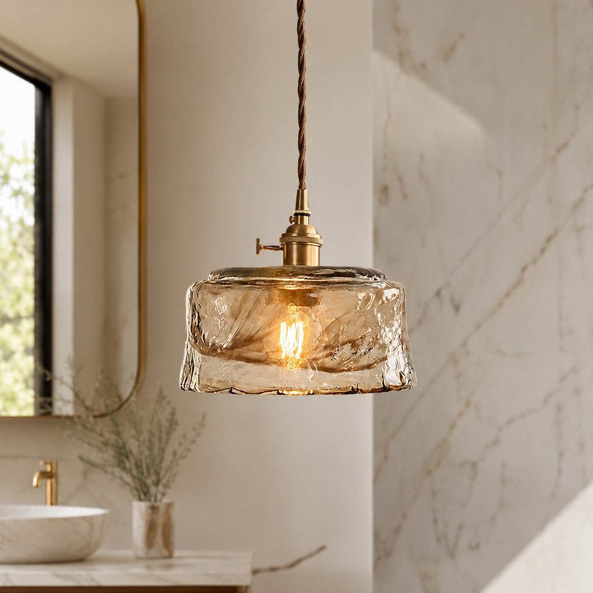 Vintage Brass Pendant Lamp | Amber Glass Hanging Shade
