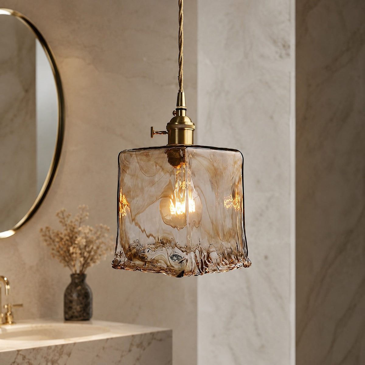 Vintage Brass Pendant Lamp | Amber Glass Hanging Shade