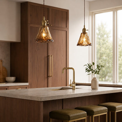 Vintage Brass Pendant Lamp | Amber Glass Hanging Shade