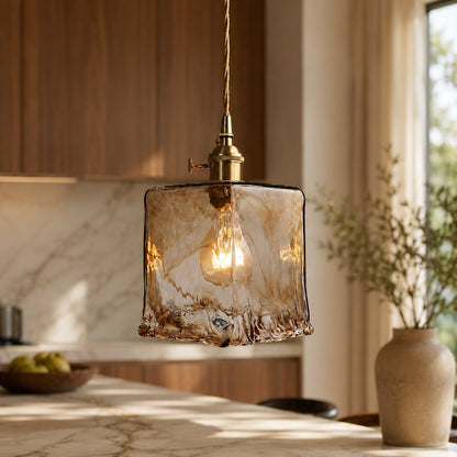 Vintage Brass Pendant Lamp | Amber Glass Hanging Shade