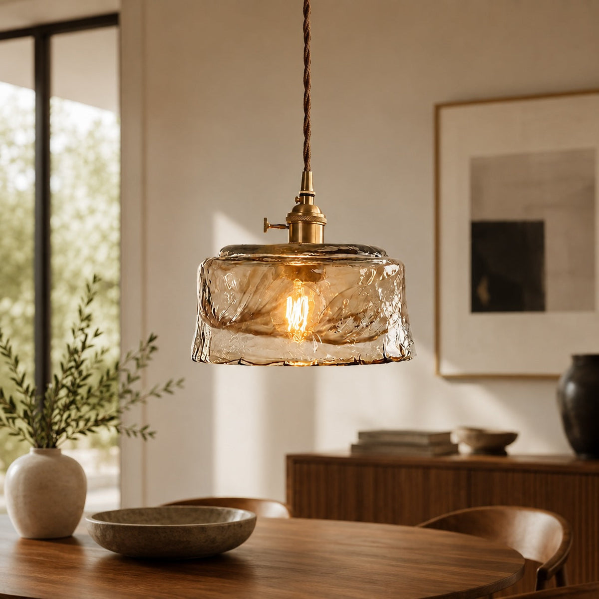 Vintage Brass Pendant Lamp | Amber Glass Hanging Shade