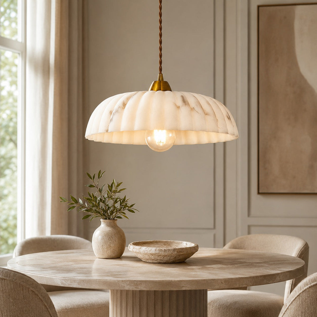 Alabaster Shade Pendant Light | Antique Gold Dimmable Fixture